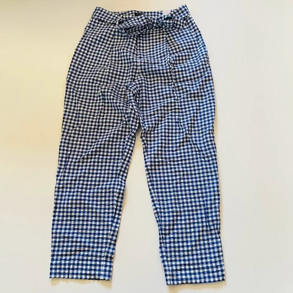 NWT Banana Republic Gingham Checkard Pant Trouser Linen Blue White Belt Tie 8